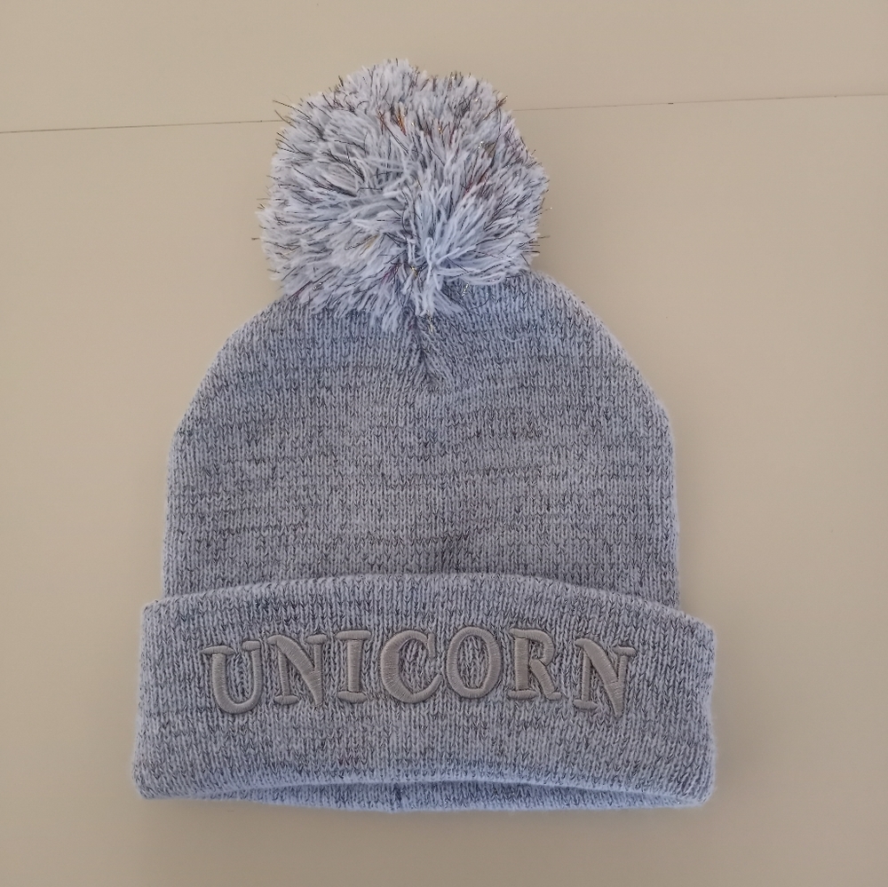 Girls Unicorn Embroidered Beanie Snow Hat Toboggan With Pom Pom